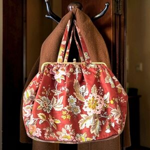 Large Red floral tote bag Fabric with gold trim and metal frame